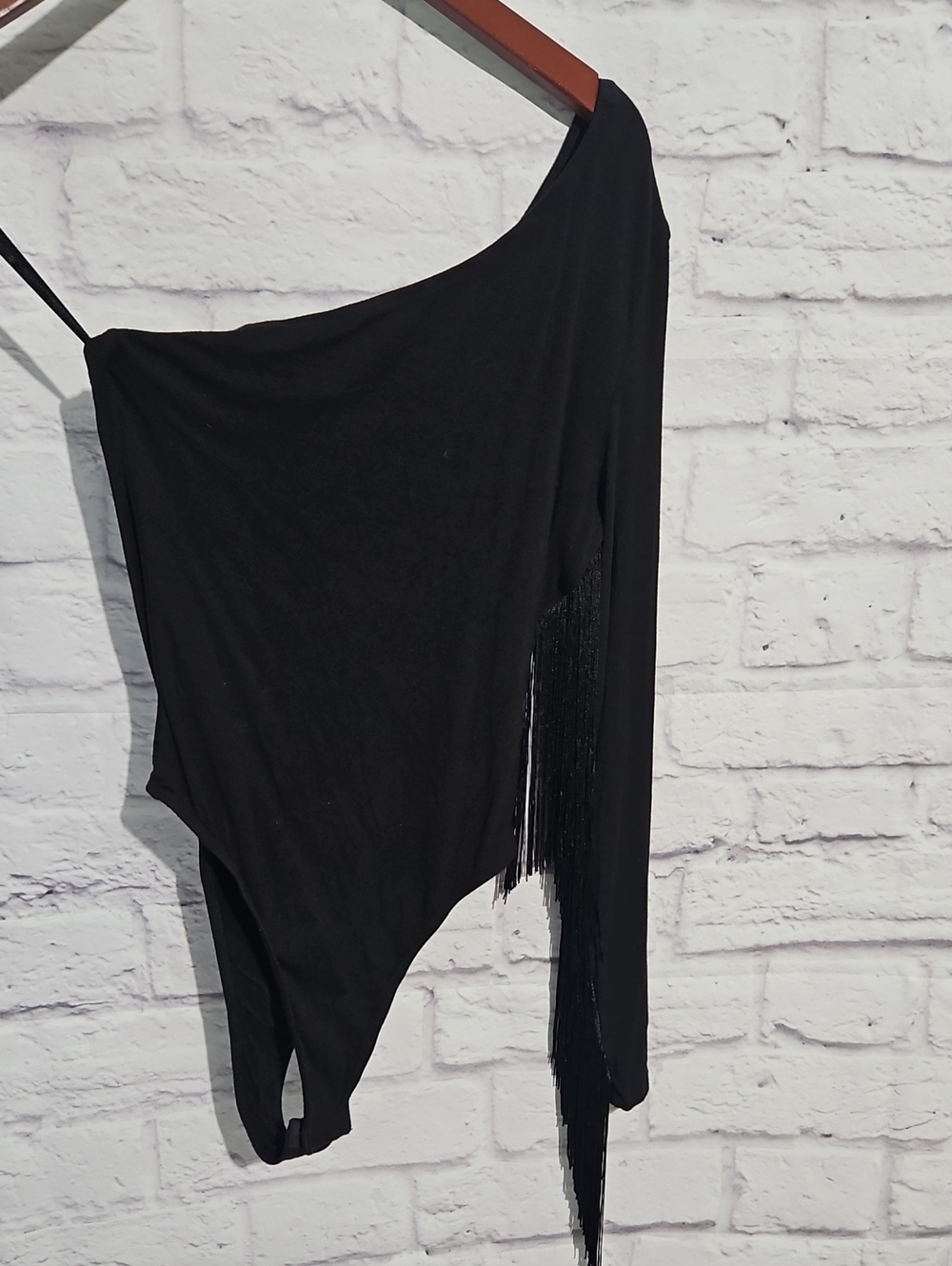 SHEIN Black One-Shoulder Fringe Bodysuit